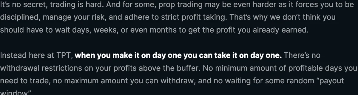 Take Profit Trader homepage text stating profits can be withdrawn on day one with no minimum profitable days and no payout window