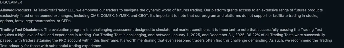 Take Profit Trader's own disclaimer text disclosing a 36.22 percent pass rate for Trading Tests between January and December 2025