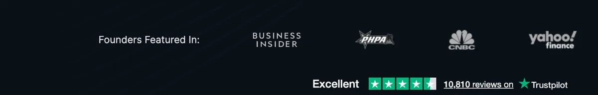Take Profit Trader homepage showing its Founders Featured In media mentions row alongside its Trustpilot rating widget