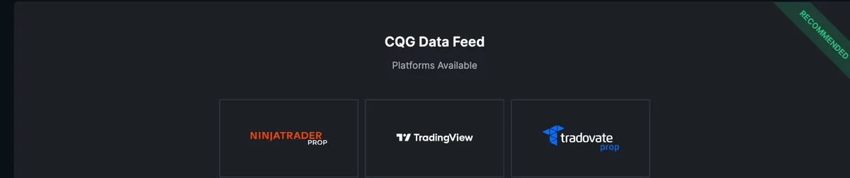 Take Profit Trader's CQG Data Feed platform tiles showing NinjaTrader, TradingView and Tradovate as supported platforms